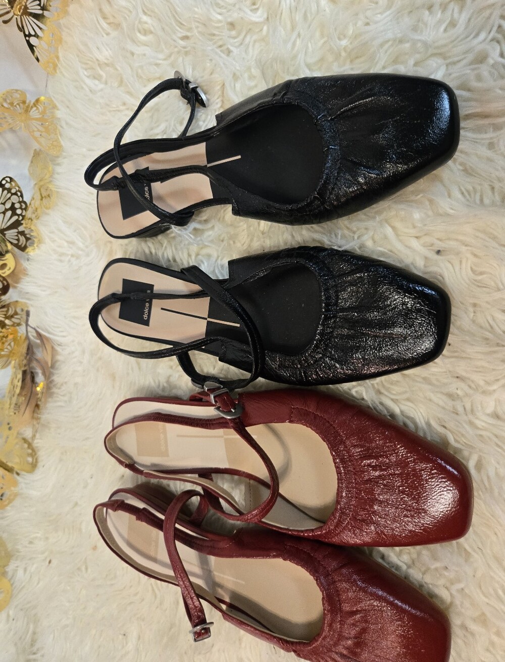 Dolce Vita Two-Pair Slingback Mules in Black and Red